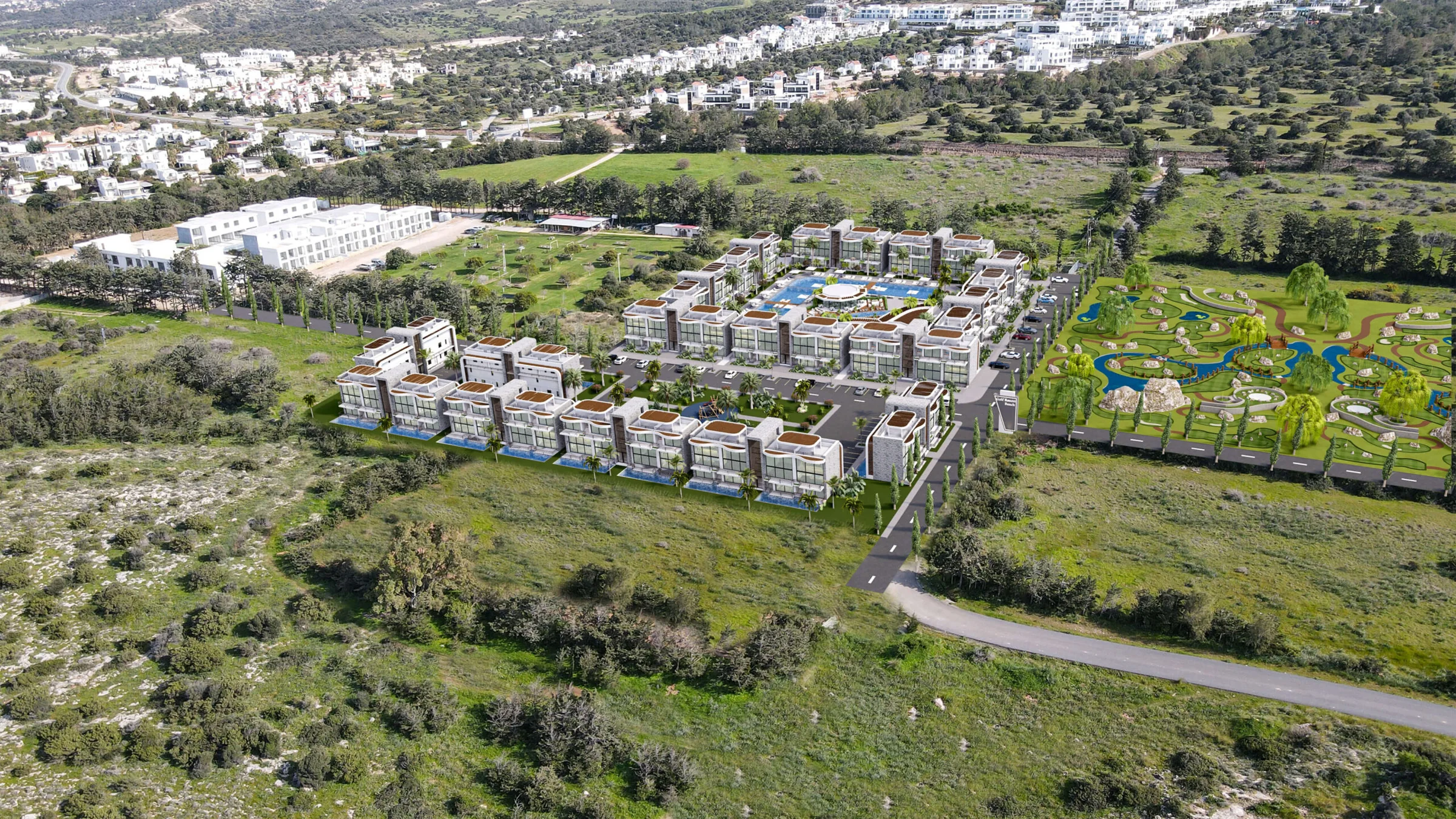Aerial view of Golf Resort and the Esentepe coastline